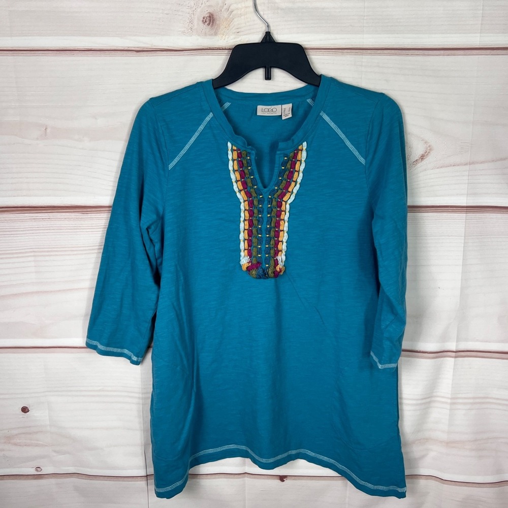 LOGO Lori Goldstein Top Women S Blue Embroidered T-Shirt Cotton Slub Knit Pocket